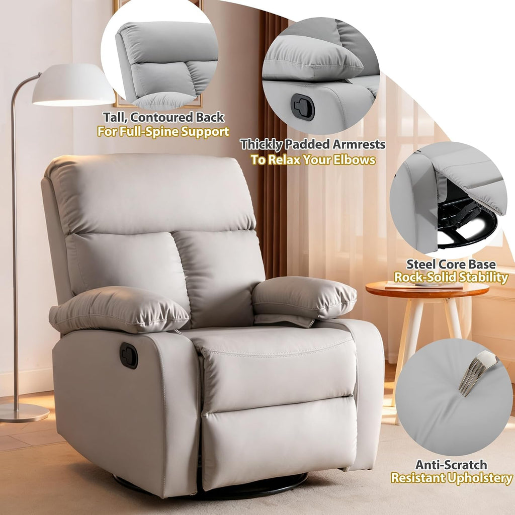 Swivel Rocking Recliner Chair with Thick Padded Armrests Comfortable Recliners Chairs for Small Spaces Living Room Bedroom Nursery