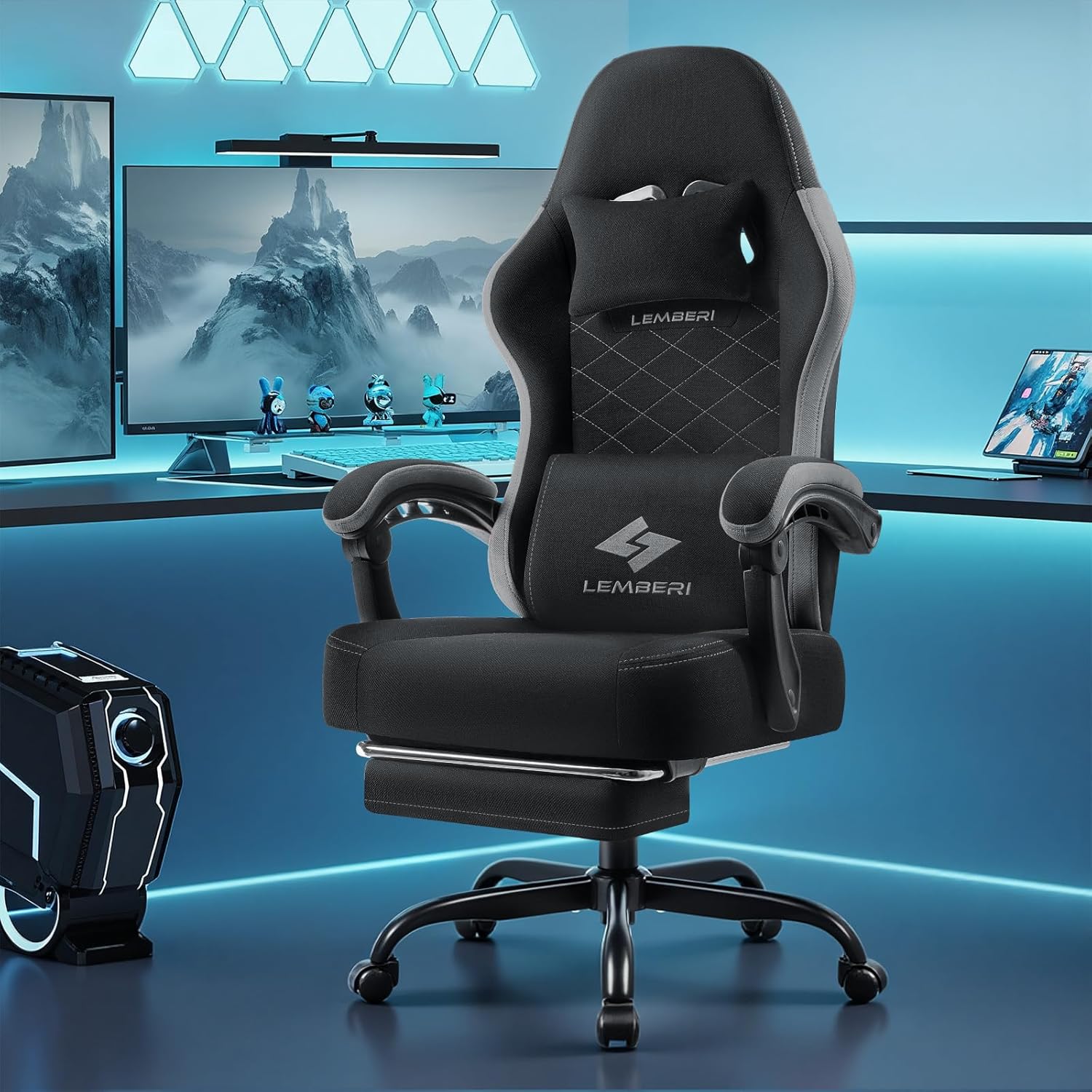 LEMBERI Gaming Chair, Fabric Big and Tall Video Game Chair with Footrest, Massage Lumbar Support, Racing Style Ergonomic Computer Gamer Chair with Adjustable Headrest (Gray)