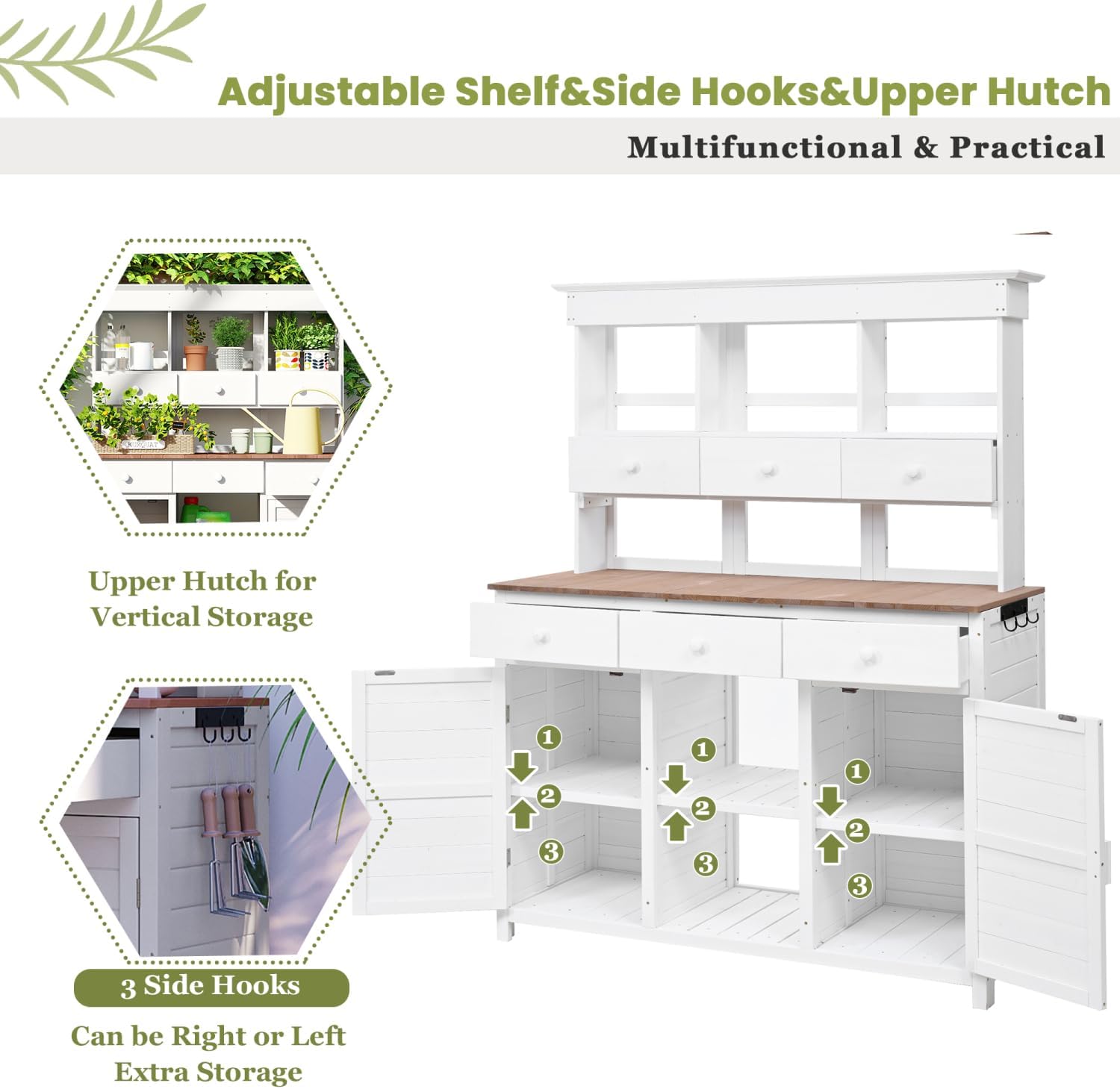 65.7" H Tall Garden Potting Bench with Hutch, 3 Shelves, 6 Drawers, 2 Cabinets, Side Hooks