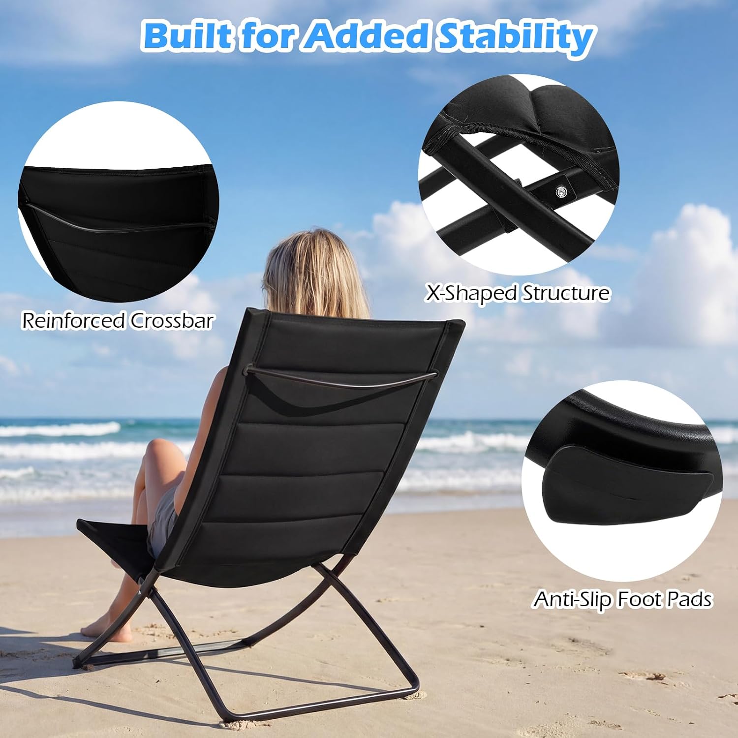 Set of 2 Folding Outdoor Chairs, Portable Padded Sling Lounger for Beach, Garden, Patio, Lawn, Poolside - Comfortable Recliner in Black Black 90 x 57 x 87cm