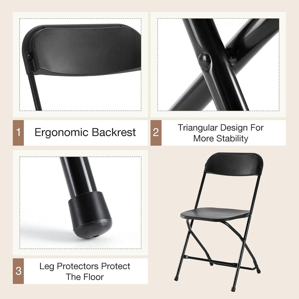 DUMOS Folding Chairs Sets of 6, 330lbs Capacity Plastic Stackable Home Office Chair, Portable Fold Up for Indoor Outdoor, Patio, Camping, Garden, Party (Black)