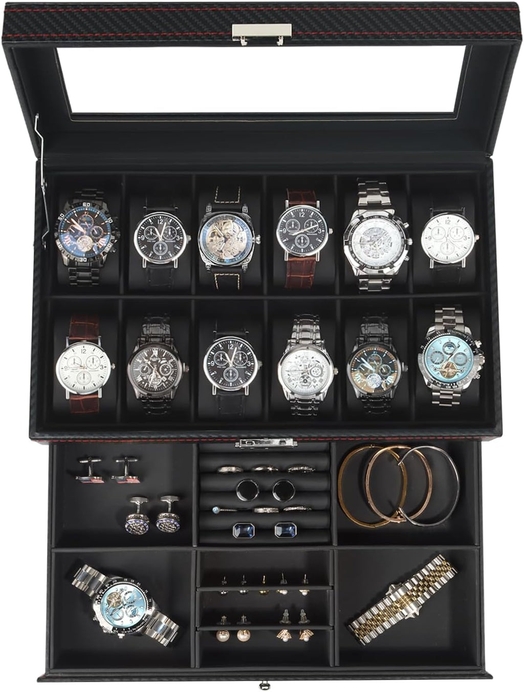 Watch Box for Men, 12 Slot Watch Case, Men's Jewelry Box With Drawer, Man Jewelry Accessory Organizer Case with Large Window, 2-Layer Watch Holder, PU Leather, Fathers Day Gift for Dad