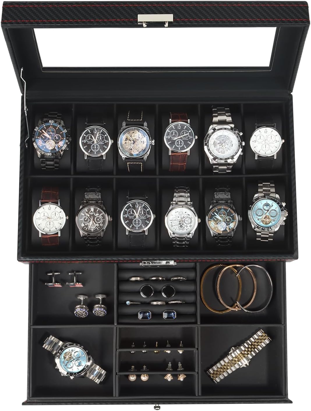 Watch Box for Men, 12 Slot Watch Case, Men's Jewelry Box With Drawer, Man Jewelry Accessory Organizer Case with Large Window, 2-Layer Watch Holder, PU Leather, Fathers Day Gift for Dad