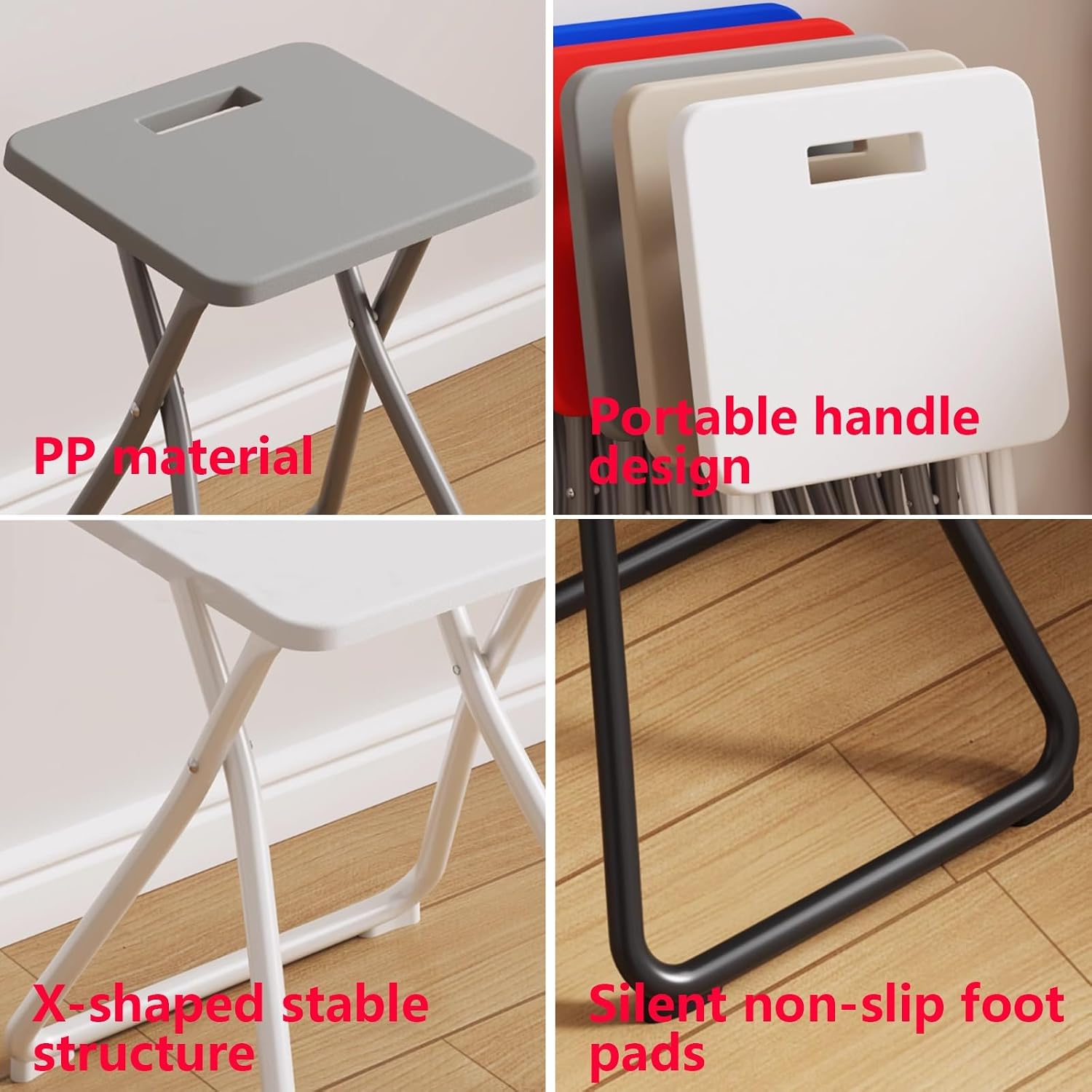 No Assembly Required Folding Stool with Portable Handle, X - Shaped Stable Structure Quiet & Non-Slip Foot Pads Foldable Chairs for Living Room, Balcony, Bedroom and More(Gray)