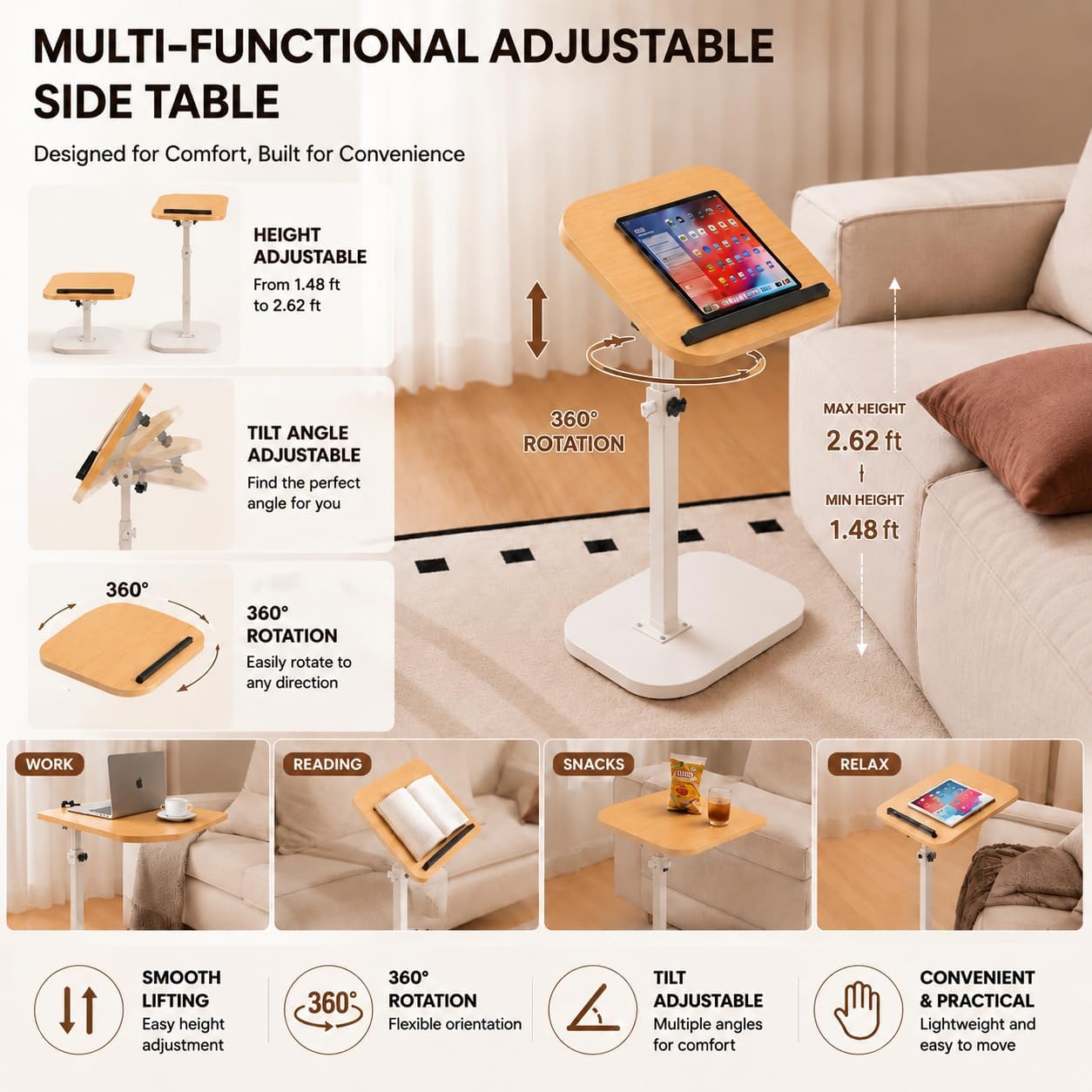 Adjustable C Table End Table, Height Adjustable 360° Swivel TV Tray Table for Small Spaces, Sofa Bedside Laptop Side Table that Slides Under Couch, Living Room & Bedroom (Natural Wood/White)