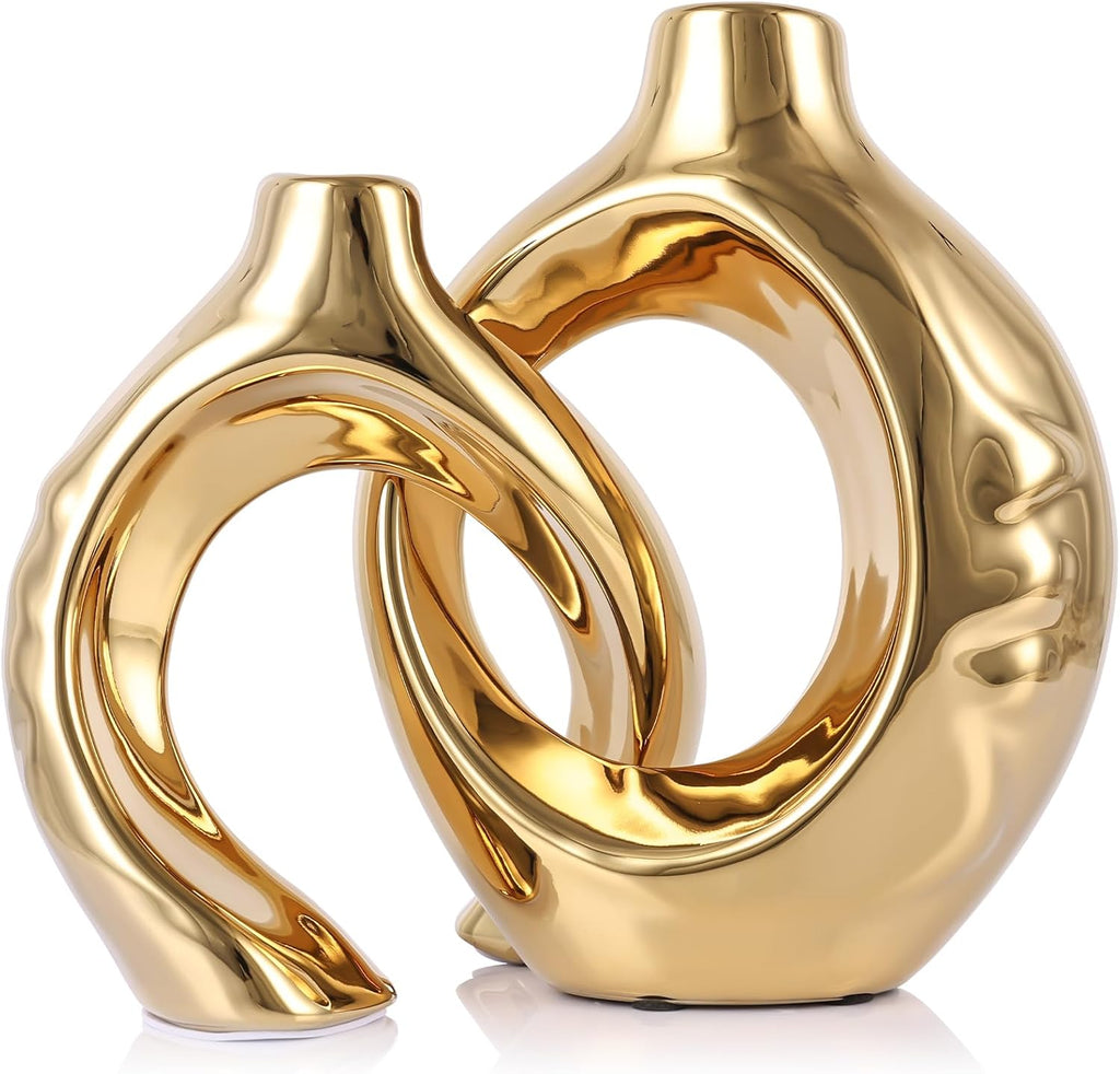LCCCK Gold Ceramic Vases for Home Decor, Boho Vase for Flowers Pampas Grass Decorative, Hollow Donut Small Vase for Living Room Table Wedding Centerpiece Modern Vases (Gold)