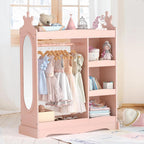 Curipeer Kids Dress up Storage with Mirror, Kids Wardrobe with Storage & 3 Hooks, Kids Closet for Girls Boys, Kids Costume Organizer, Open Hanging Armoire Wardrobe Closet for Bedroom, Pink