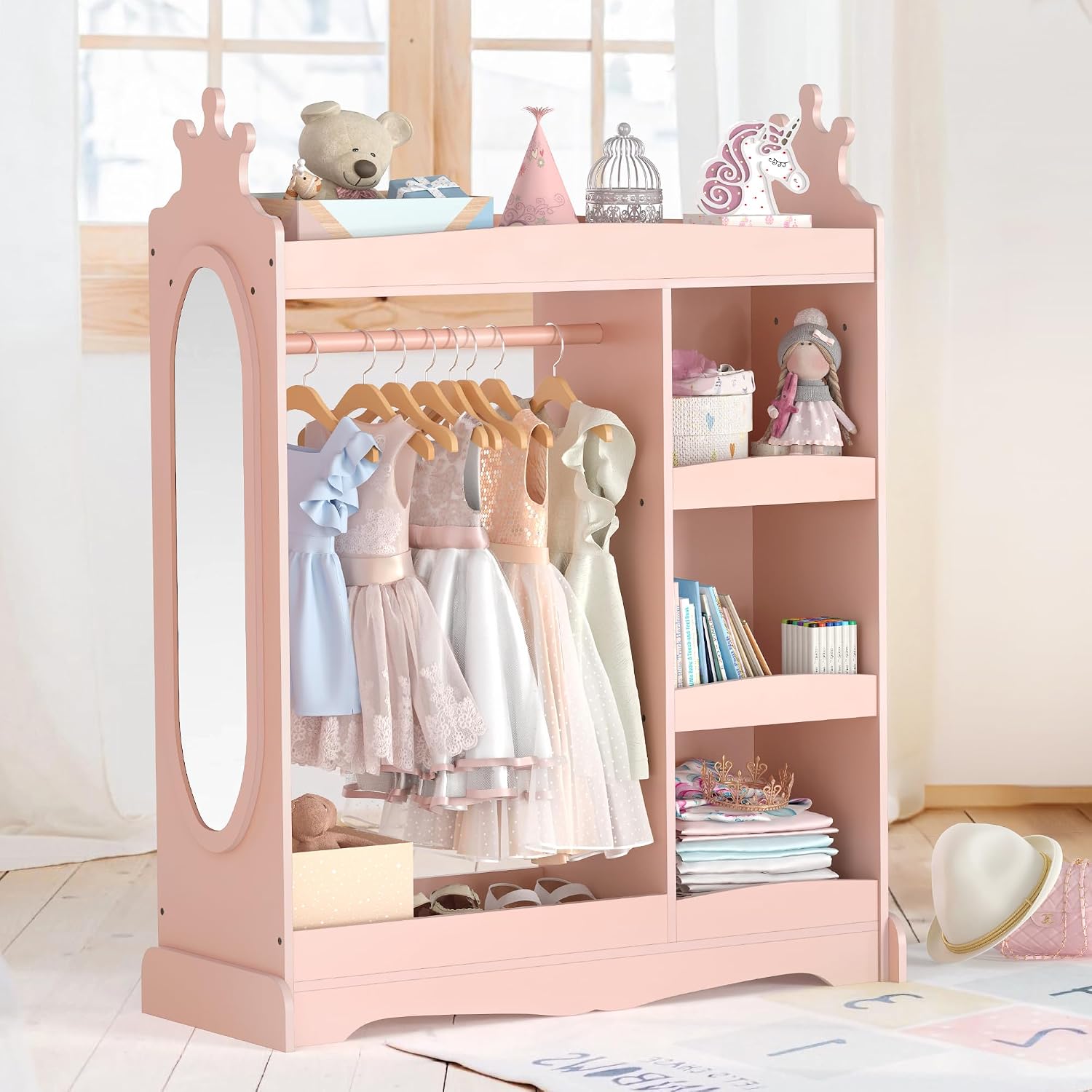 Curipeer Kids Dress up Storage with Mirror, Kids Wardrobe with Storage & 3 Hooks, Kids Closet for Girls Boys, Kids Costume Organizer, Open Hanging Armoire Wardrobe Closet for Bedroom, Pink
