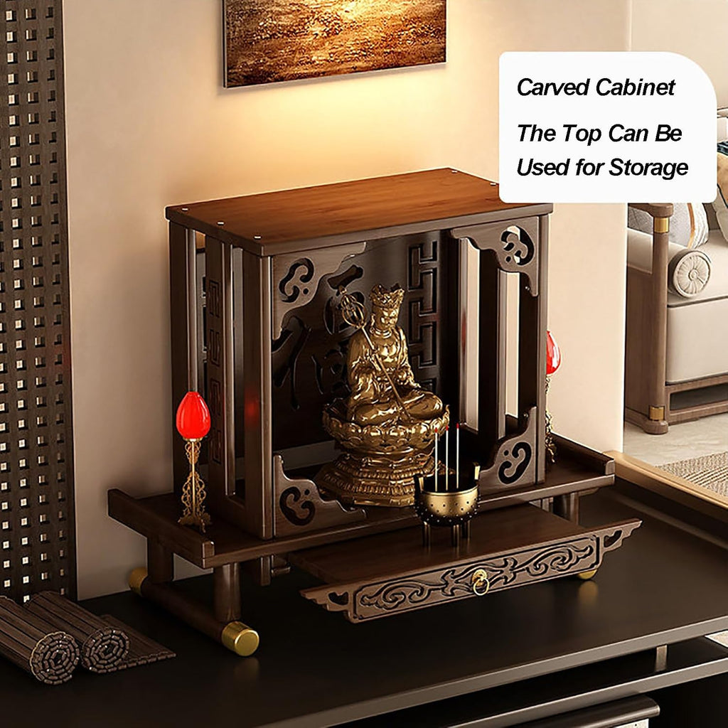 Small Altar Table Solid Wood, Pooja Meditation Table with Telescopic Pull-Out Storage Board, Butsudan, Buddhist Altar Shelf Countertop Type(66x26x50 cm/26x10x20 in)