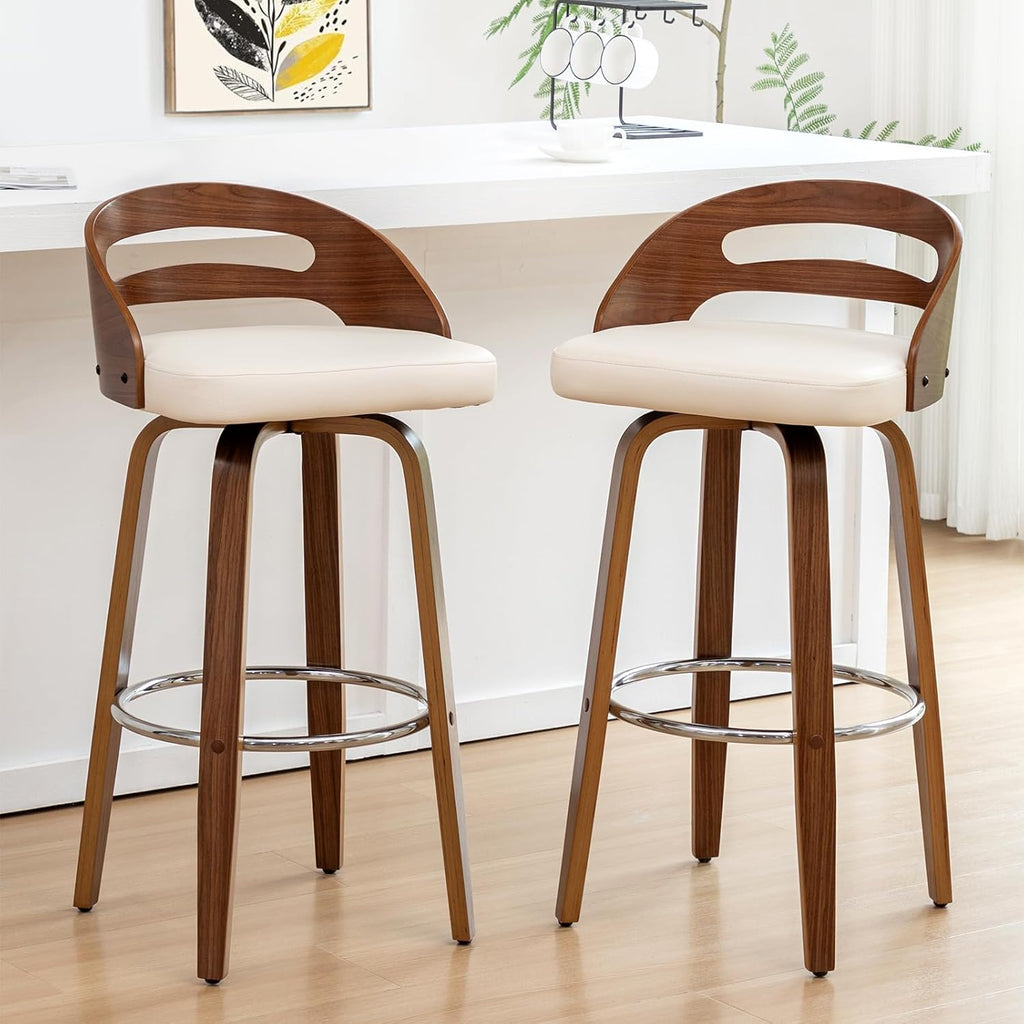 Bar Stools Set of 2, Swivel Bar Stools with Walnut Craftsmanship, Bentwood Curved Back, Upholstered Faux Leather, Soft Cushion Seat, Mid Century BarStools for Bar/Pub/Cafe (Beige, 30" Seat Height)