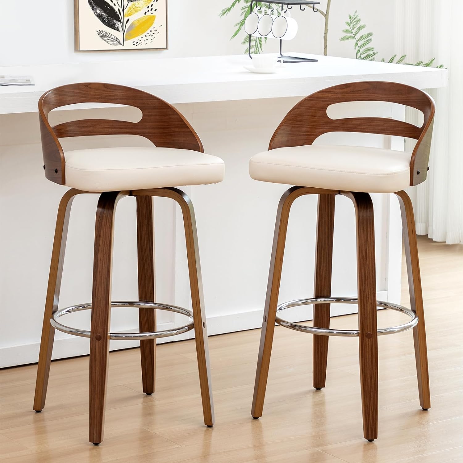 Counter Height Bar Stools, Mid Century Counter Stools with Walnut Finish | Natural Bentwood Frame, Easy-Grip Handle,Low Back, Upholstered Faux Leather, Kitchen Counter Stools for Kitchen, Pub, Cafe