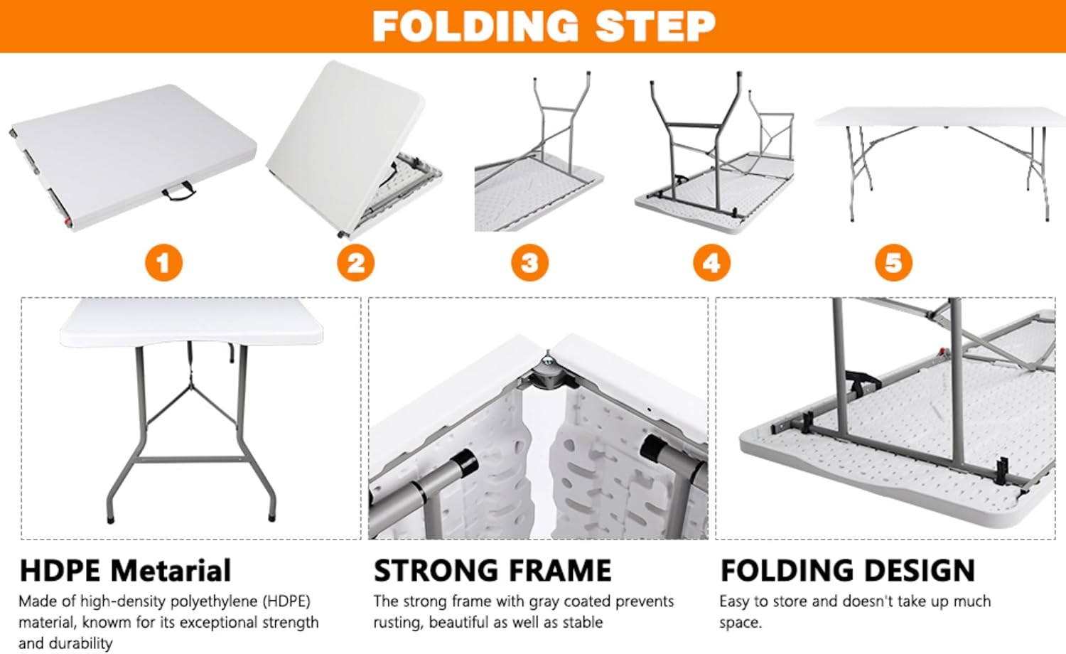 Folding Table 6ft Foldable Table with Built in Handle & Steel Legs / 6FT Heavy Duty Folding Portable,Perfect for Party, Dining Indoor/Outdoor Events, Tailgating & Backyard BBQ, White