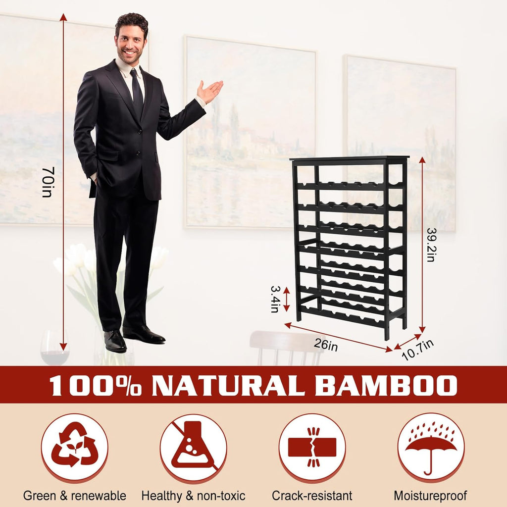 Bamboo Wine Rack Freestanding Floor, 7-Tier 42-Bottle Wine Storage Shelf with Table Top - Black