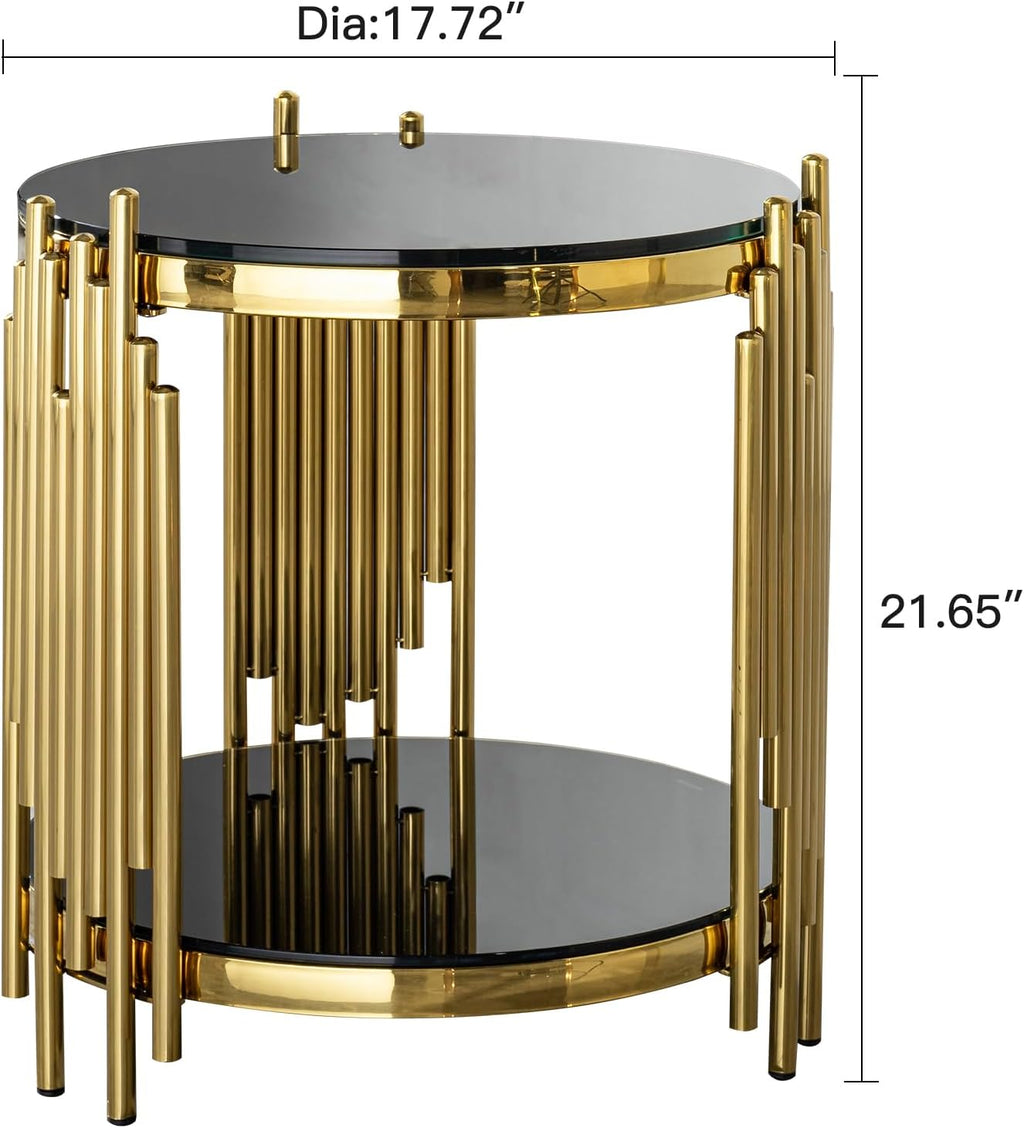 Luxury Gold Round Glass End Table, 17.7" Modern Side Table with Stainless Steel Irregular Leg Black Tempered Glass Tabletop, Accent Furniture for Living Room, Black
