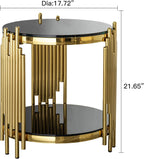 Luxury Gold Round Glass End Table, 17.7" Modern Side Table with Stainless Steel Irregular Leg Black Tempered Glass Tabletop, Accent Furniture for Living Room, Black