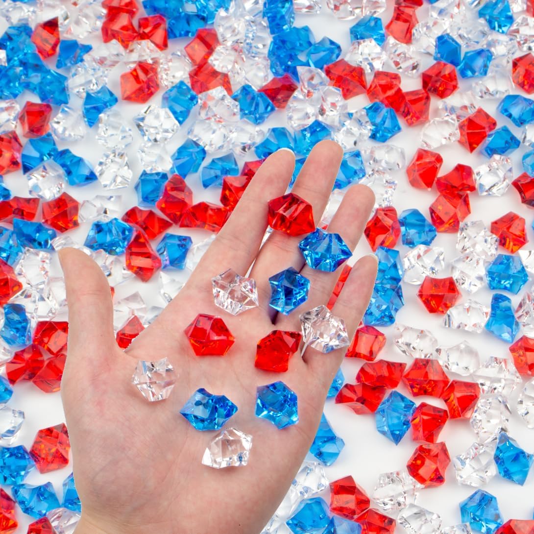 200PCS Patriotic Vase Filler Acrylic Fake Ice Rocks, Red White and Blue 4th of July Decorations for Centerpieces, Independence Day Table & Event Decor