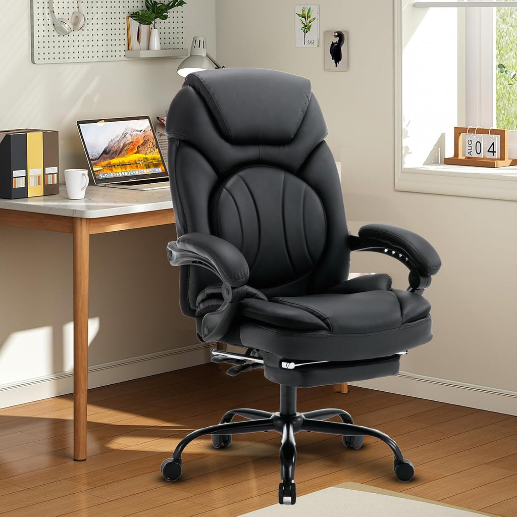 400lbs Reclining Office Desk Chairs with Footrest Back Support PU Leather High Back Wide Seat Recliner Executive Office Chairs for Women, Big Tall Managerial Chairs, Black