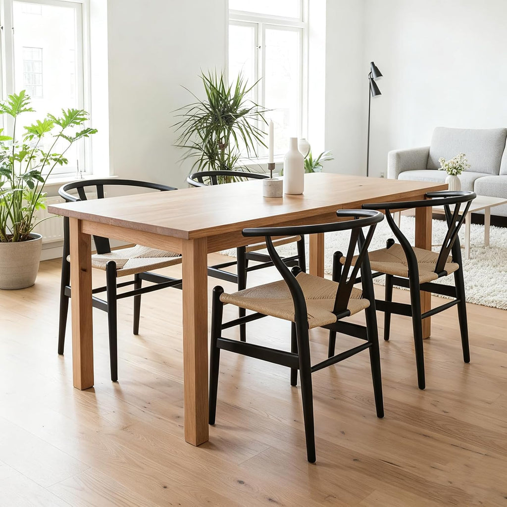 Wishbone Chair Natural Solid Wood Dining Chair/Hans Wegner Y Chair Rattan and Wood Accent Armrest Chairs - Ash Wood Chairs Set of 1 (Ash Wood - Black + Natural Color)