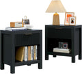End Table Set of 2 with Storage, Small End Table, Wood Bedside Table with Drawer and Opening Storage, Nightstand Accent Table for Living Room, Bedroom, Black