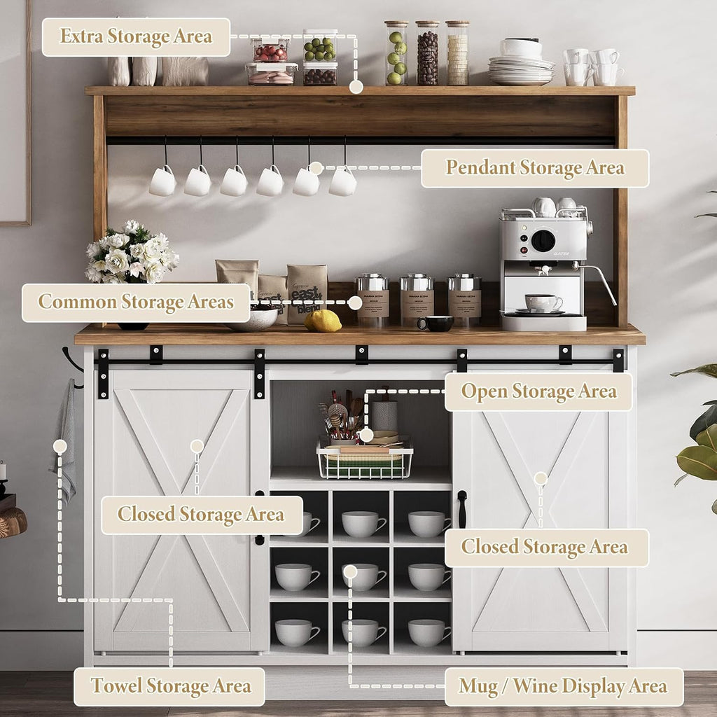 4ever2buy Farmhouse Coffee Bar with Hutch, Coffee Bar with Storage & 6 Hooks, 47 Inch Bar Cabinet with Sliding Barn Door and Adjustable Shelves for Living Room Kitchen, White