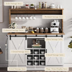 4ever2buy Farmhouse Coffee Bar with Hutch, Coffee Bar with Storage & 6 Hooks, 47 Inch Bar Cabinet with Sliding Barn Door and Adjustable Shelves for Living Room Kitchen, White