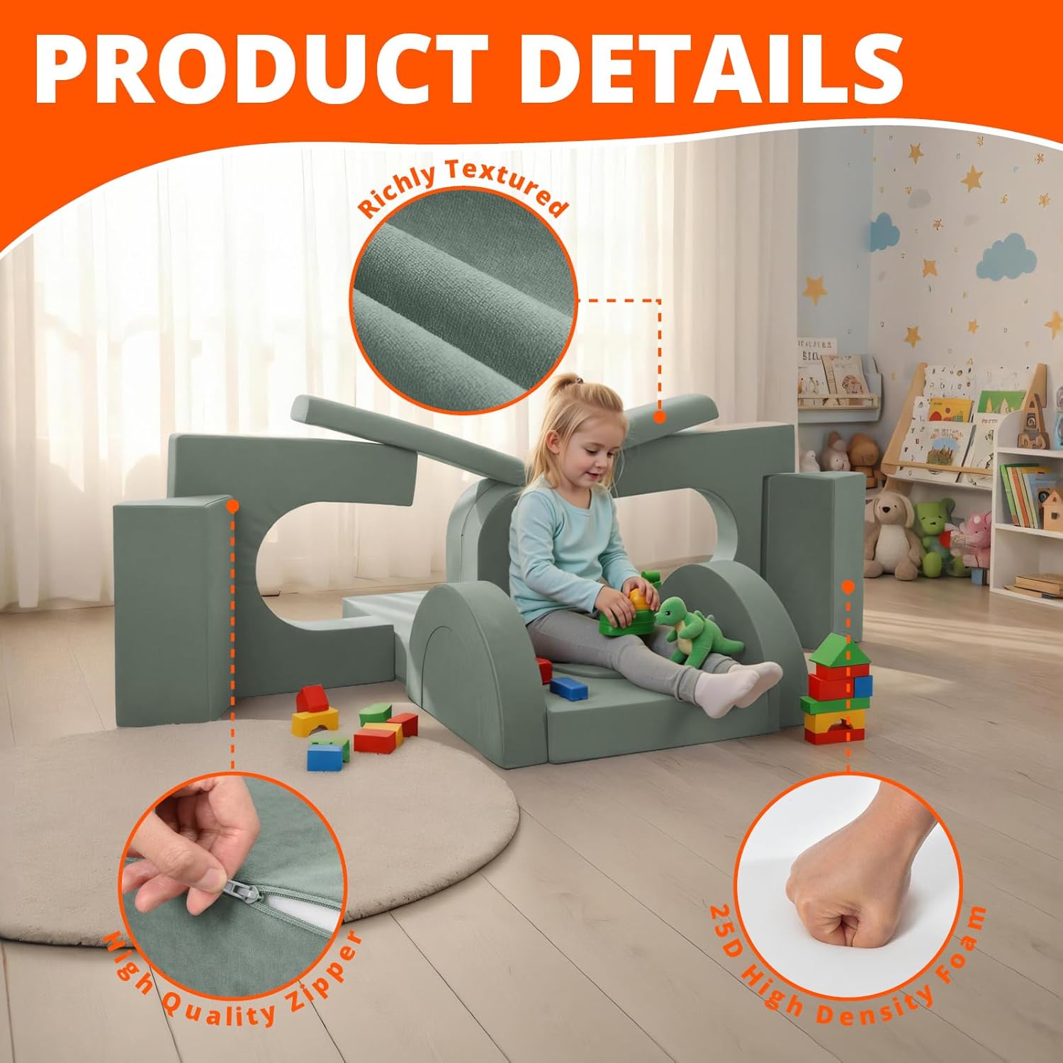 Fvkind Modular Kids Play Couch 16pcs, Toddler Couch for Playroom, Bedroom, Toddler Modular Play Sofa, Kids Sofa Building Fort with Convertible Foam Cushion for Boys and Girls, Green