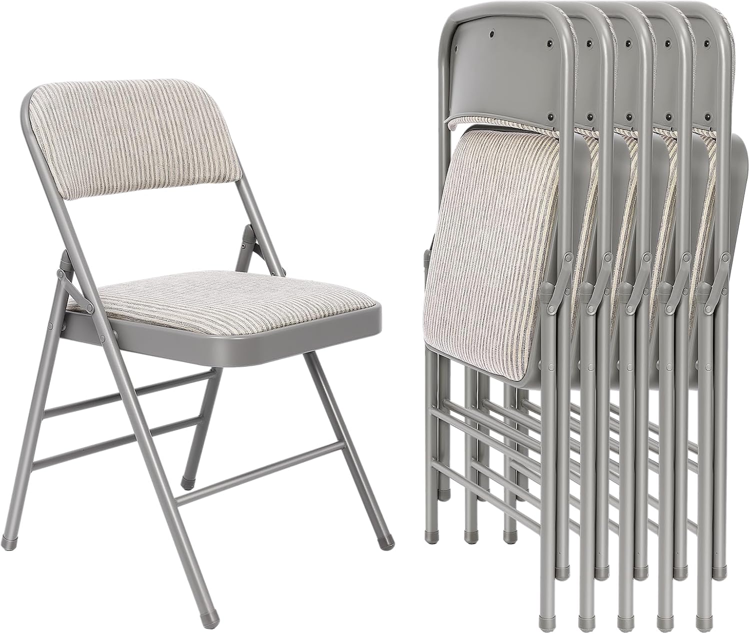 6 Pack Folding Chairs Fabric Dining Chair Set with Padded Cushion and Back, Indoor Outdoor Foldable Seat with Steel Frame for Home Office Events Wedding Party, Oatmeal Strip Seating