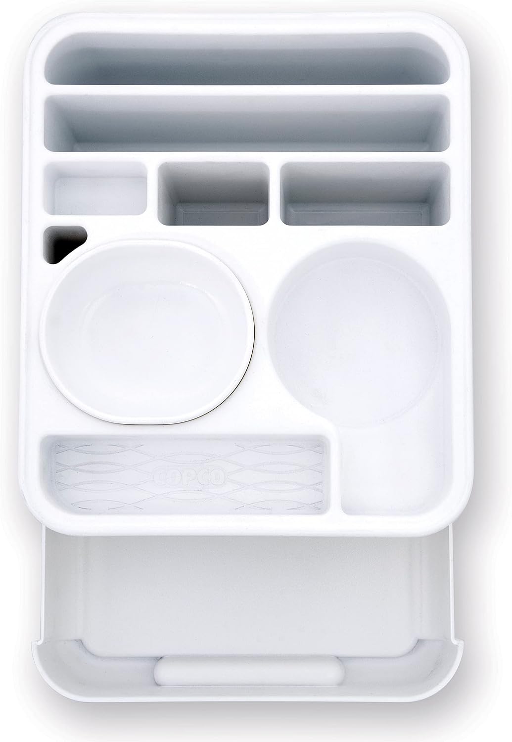 Copco Home Office Caddy Lazy Susan Organizer with Removable Snack Cup and Drawer - Desktop Turntable Storage for Snacks, Tablets, Phones, Remotes, Headphones - 10 x 8.5 x 4.5 Inches