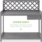 Best Choice Products Outdoor Garden Potting Bench, Wooden Workstation Table w/Cabinet Drawer, Open Shelf, Lower Storage, Lattice Back - Gray