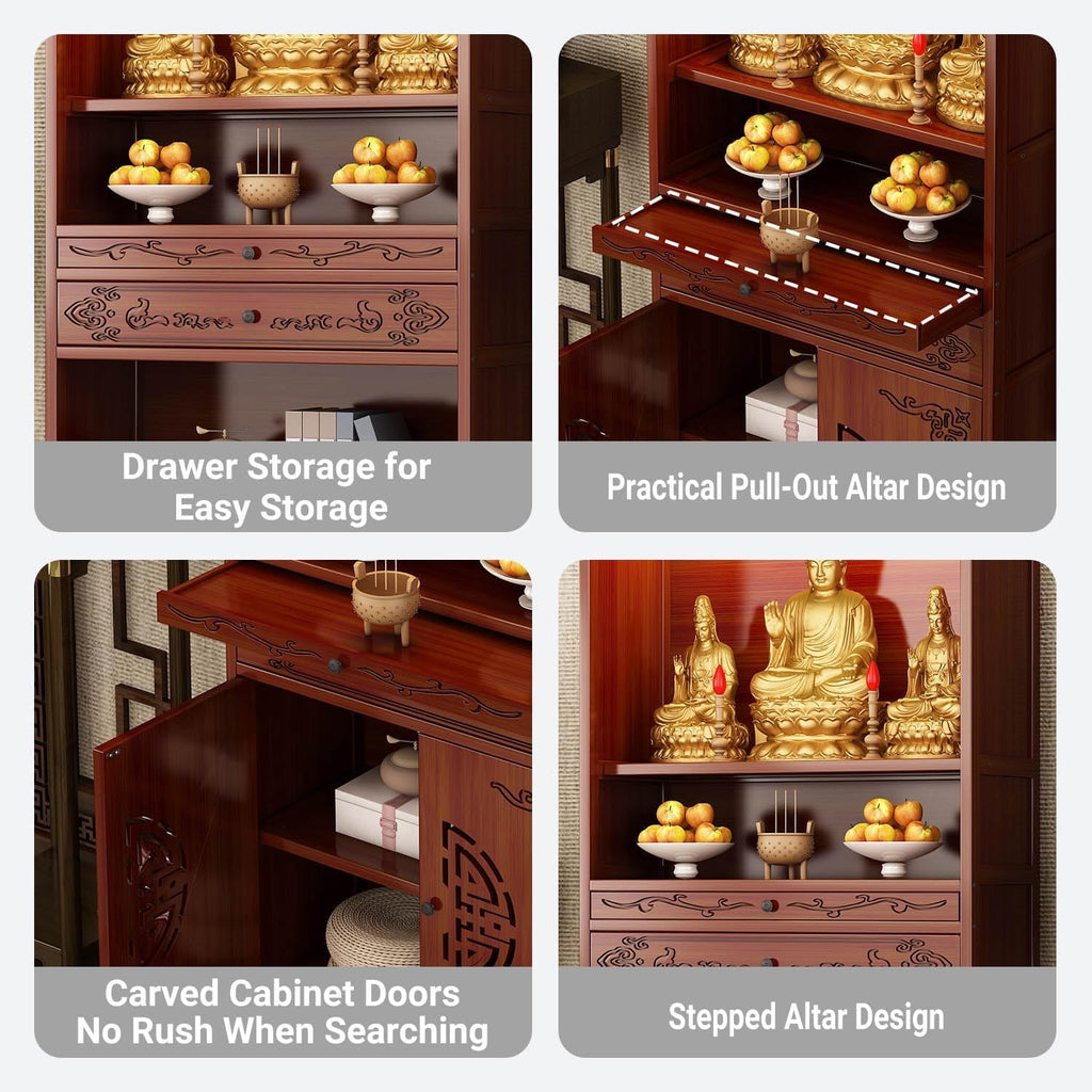 Altar Cabinet, Pooja Cabinet, Thick Bamboo Altar Table, Personal Meditation Temple for Temples and Homes, Meditation Shrine with Drawers & Storage(Style A,53cm/20.8in)
