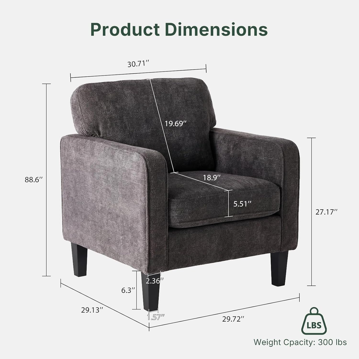 Modern Accent Chairs for Living Room, Corner Chairs for Adults, Reading Chair with Armrest and Backrest, Comfy Lounge Chairs for Bedroom Reception Waiting Room, Dark Grey 1 Pack