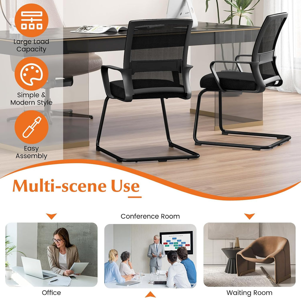 Tangkula Set of 6 Office Guest Chairs with Lumbar Support, Conference Chair with Breathable Mesh Back, Armrests & Sled Base, Reception Chair for Waiting Room, Meeting Room, Black