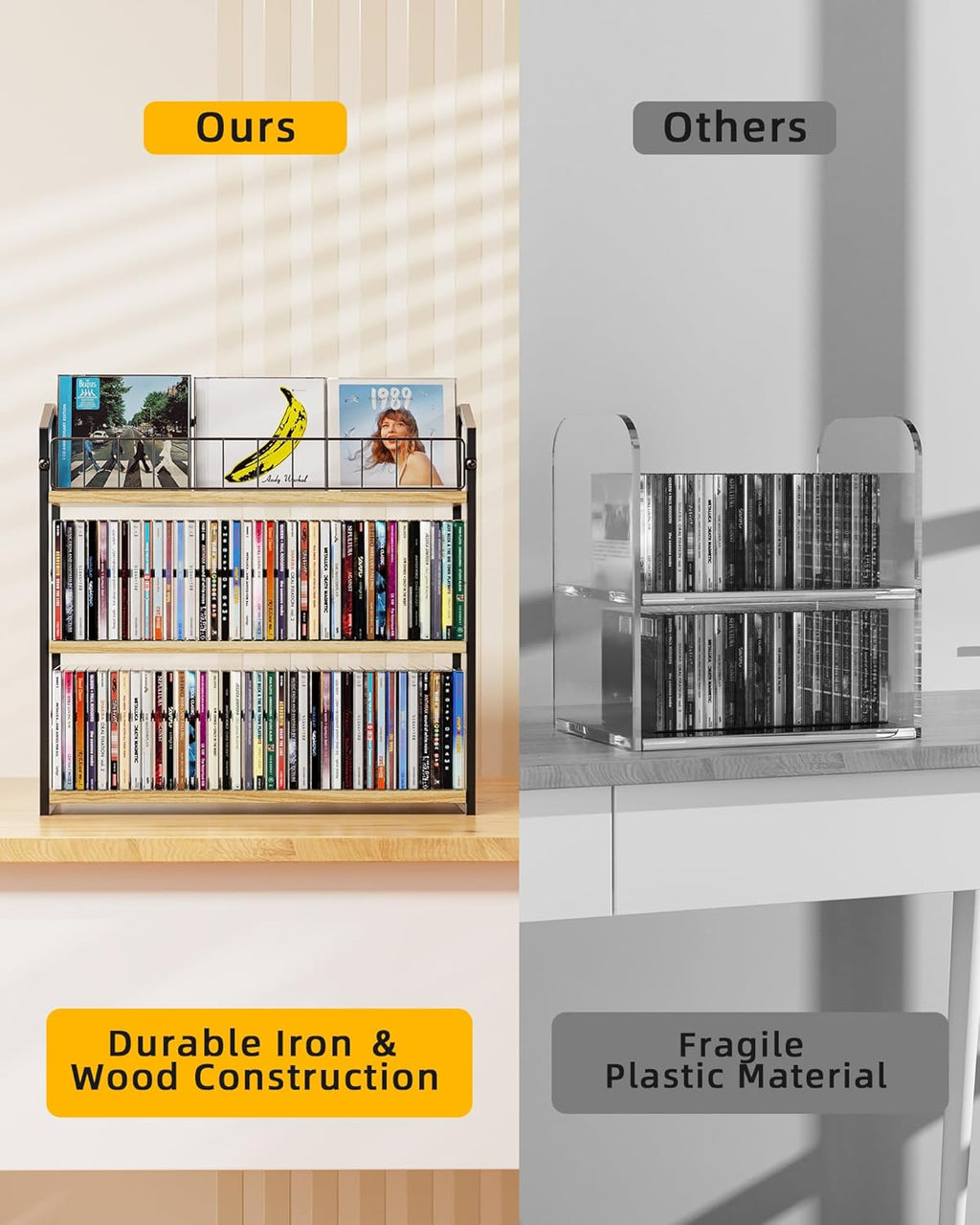 3-Tier CD Holder, CD Storage Rack for Non-slip Feet, Premium Display Organizer Tower for Collection, Modern Heavy-Duty Storage Shelf 11 lb Per Shelf Capacity, Store up to 123 CDs