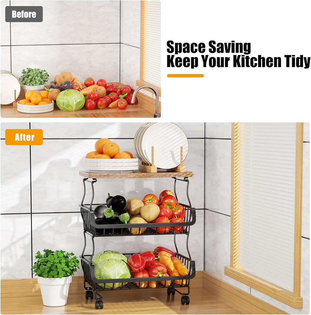 Gsiekare Fruit Vegetable Basket for Kitchen, 5 Tier Stackable Fruit Vegetable Storage Baskets with Wheels, Metal Wire Storage Basket Organizer Baskets for Kitchen, Pantry, Bathroom