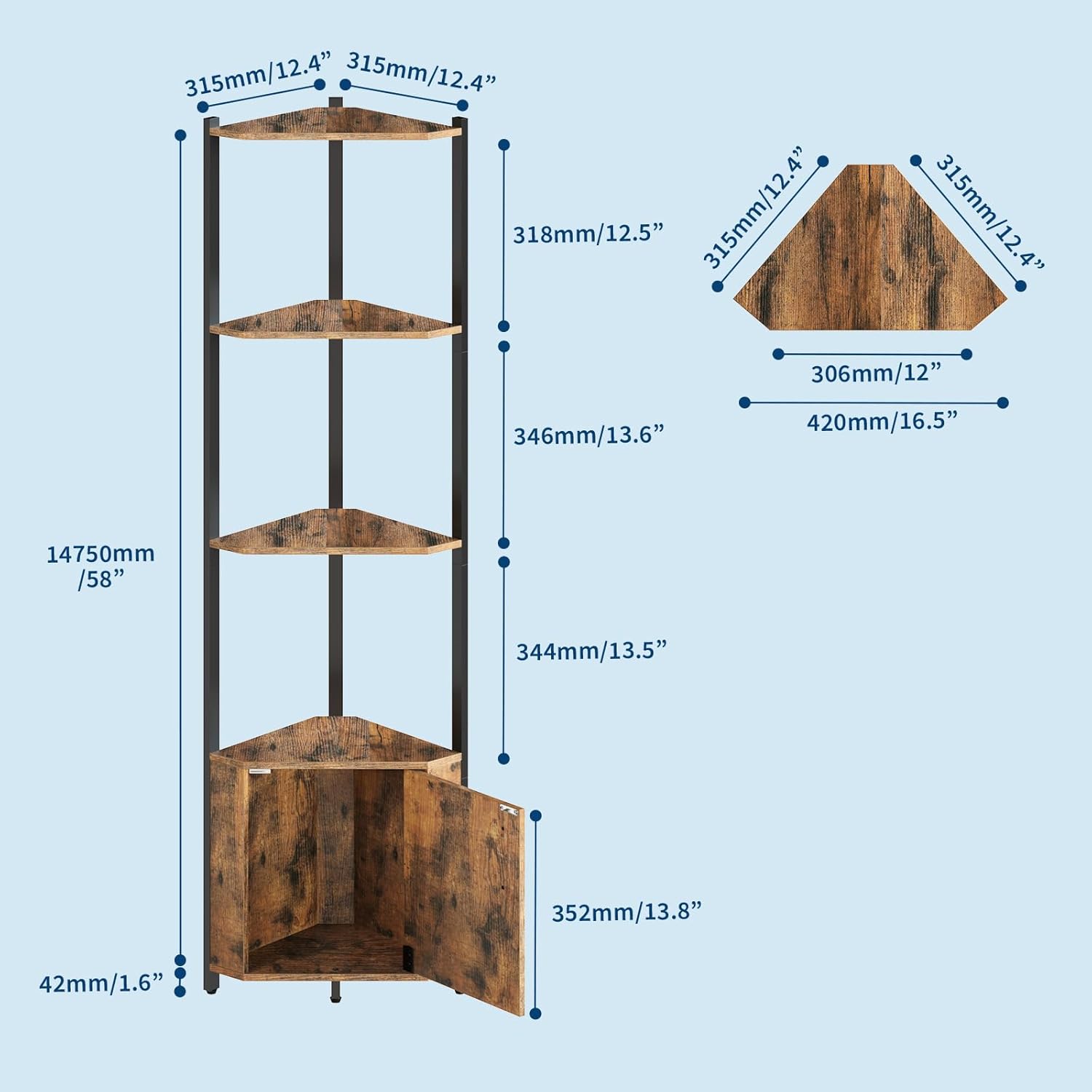 Garvee 5 Tier Corner Shelf - 57" Tall Corner Cabinet Stand with Storage, Space-Saving Corner Bookshelf for Living Room & Bedroom | Brown Corner Shelf, Modern Corner Organizer