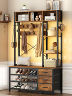39.4'' Hall Tree with Bench and Shoe Storage, Entryway Bench with Coat Rack, 25-in-1 Tall Hall Tree with Led Lights (Rustic)