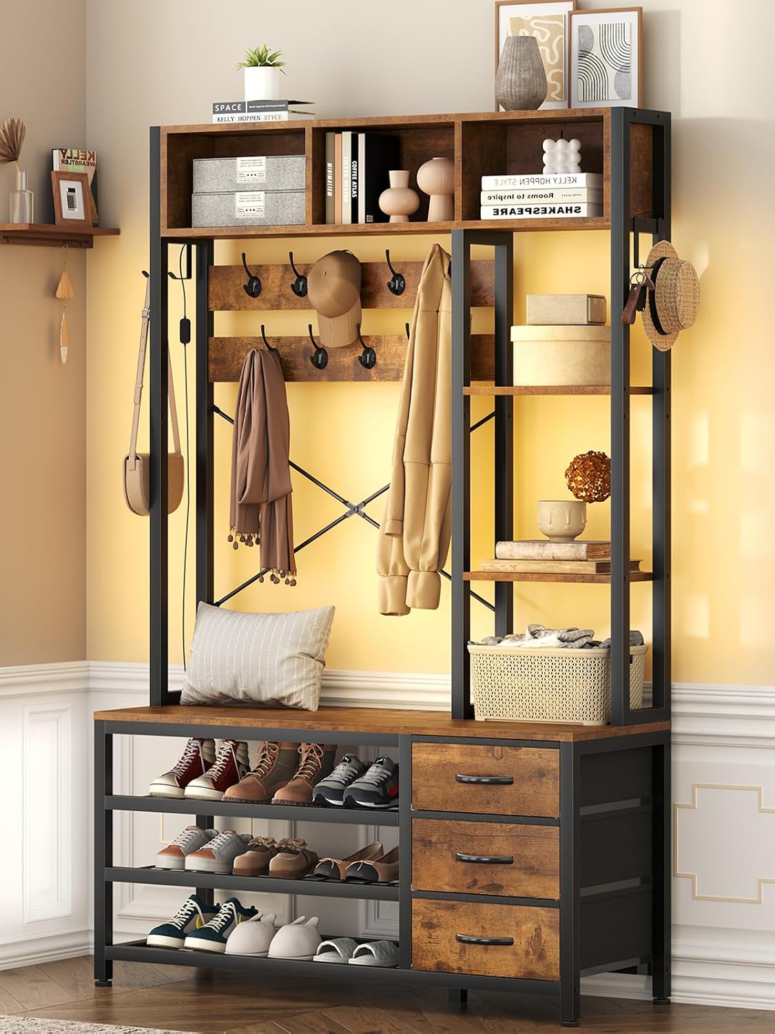 39.4'' Hall Tree with Bench and Shoe Storage, Entryway Bench with Coat Rack, 25-in-1 Tall Hall Tree with Led Lights (Rustic)