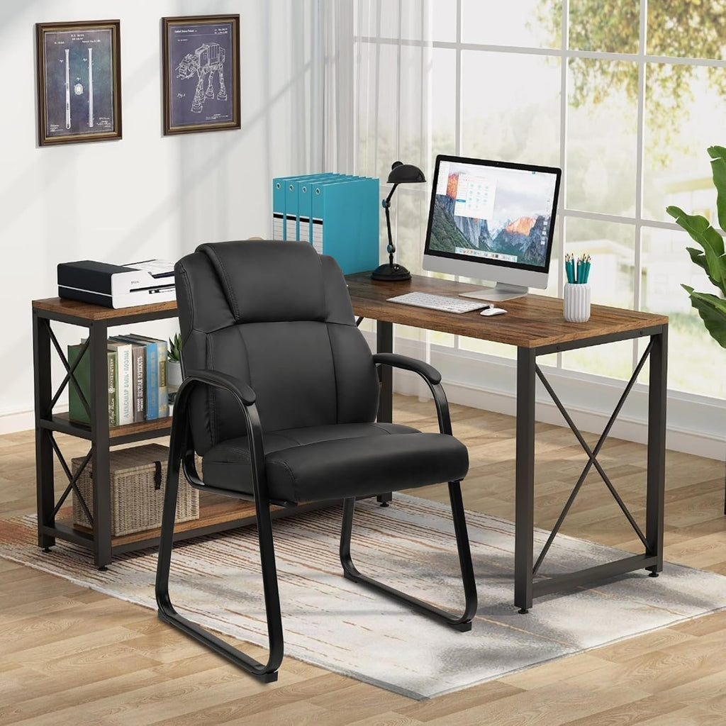 CLATINA Classic Leather Soft Reception Chair with Padded Armrests and Sled Base, Executive Guest Chair for Office Computer Desk Conference Waiting Meeting Room, Black (8 Pack)