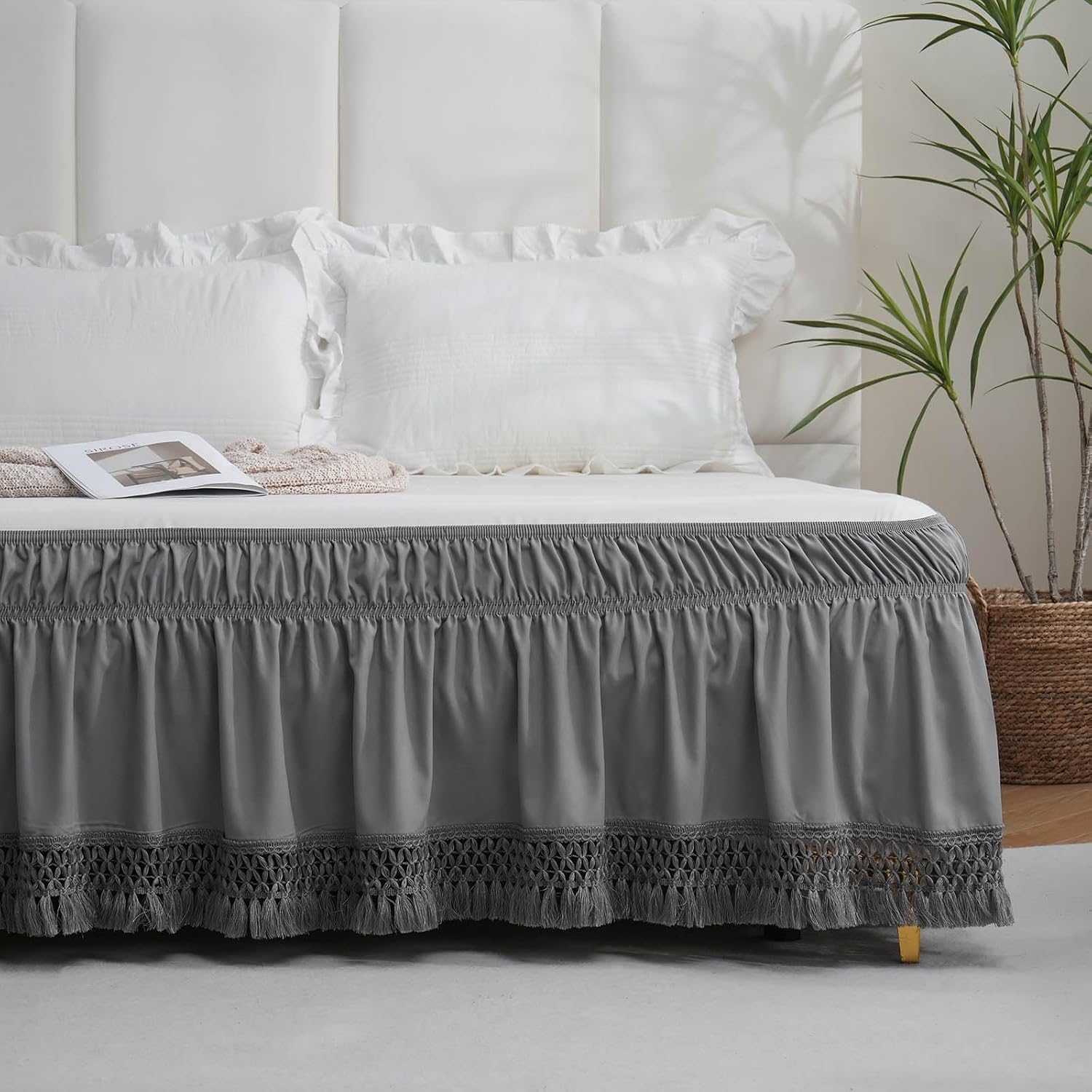 Boho Bed Skirt with 16 Inch Drop, Wrap Around Tassel Bed Skirt, Elastic Dust Ruffle with Adjustable Belts, Easy to Put On, Bed Frame Cover, Machine Washable (Gray,Queen 60"x80")
