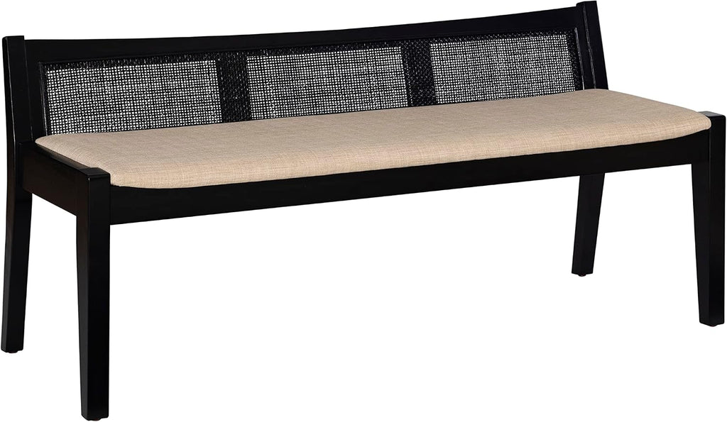 Powell Kasi Black Low Back Cane Bench with Beige Upholstered Seat