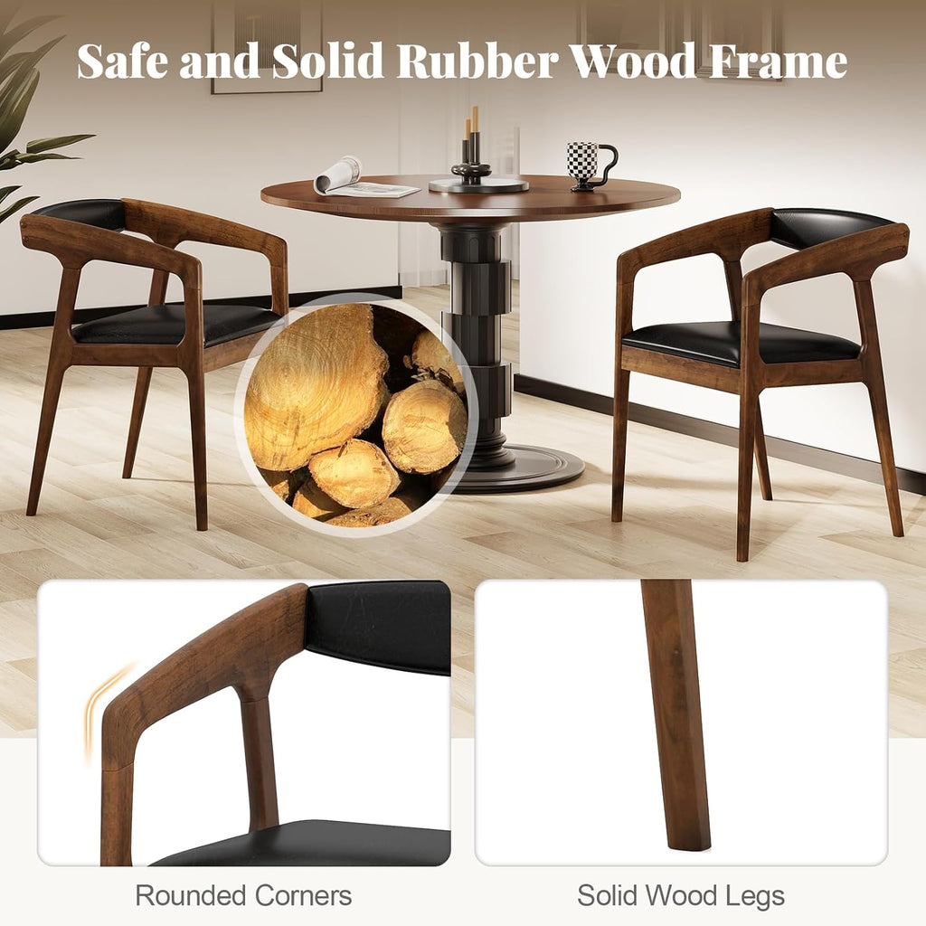 COSTWAY Dining Chairs with Arms Set of 4, Mid Century Modern Wooden Accent Chairs with Faux Leather Seat & Padded Backrest, Kitchen Side Armchairs for Living Dining Reading Room, Brown & Black