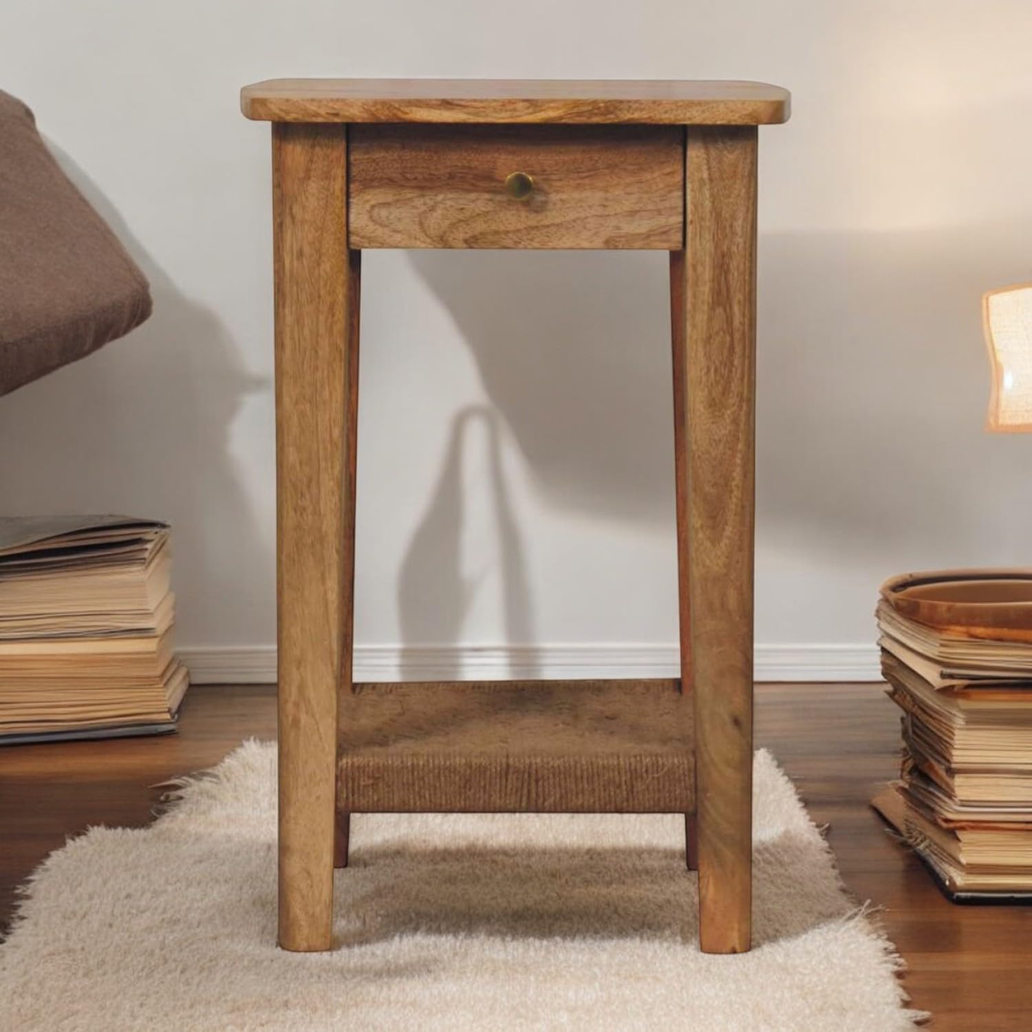Rope End Table Solid Wood Brown Modern Storage Solution Versatile Room Use Simple and Modern