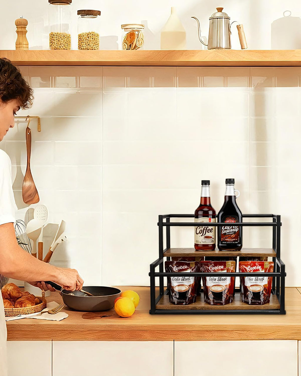 Okydoky 2-Tier Coffee Syrup Rack Holds 8 Bottles - Sturdy Stand for Coffee Bar, Kitchen & Beverage Station, Universal Holder for Syrup, Sauce & Wine Bottles