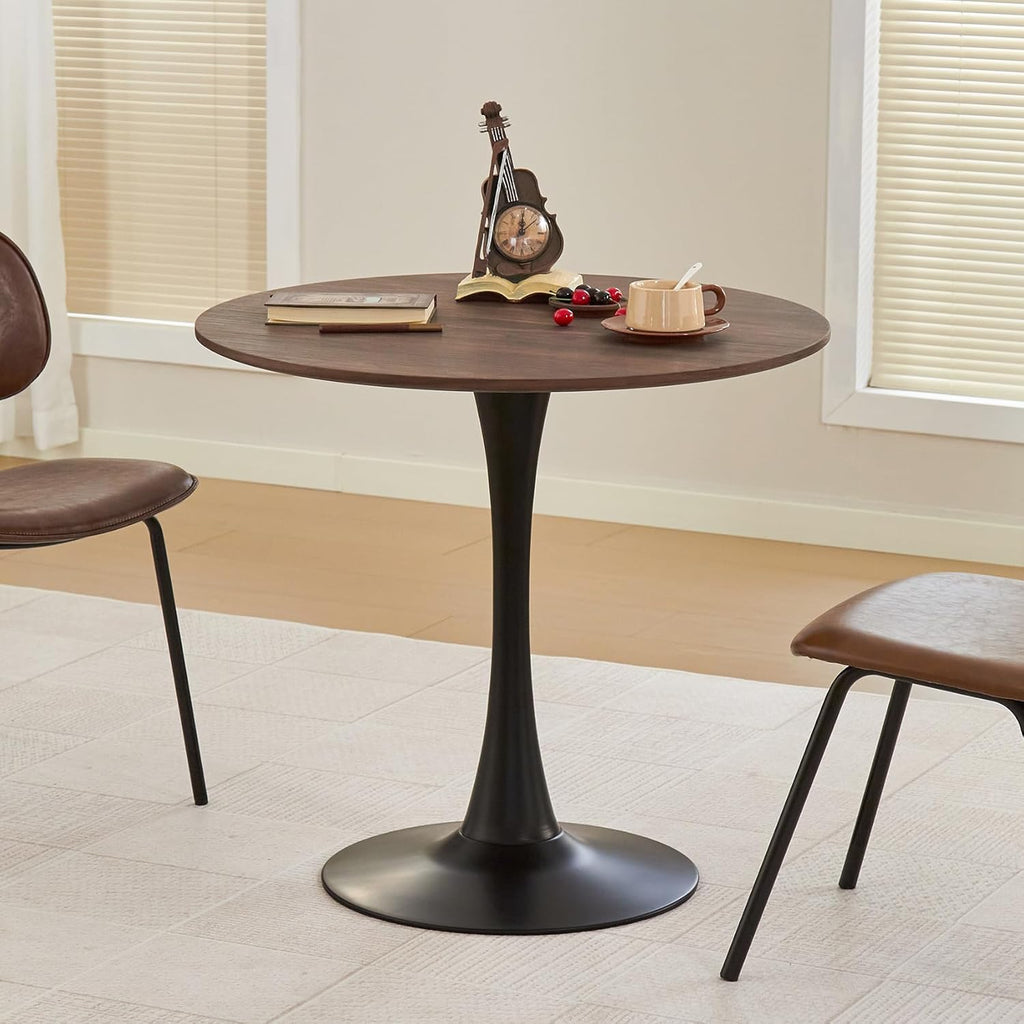 Round Dining Table 31.5" Circle Tulip Table with Thick Tabletop & Metal Pedestal, Mid-Century Modern Bistro Table for Kitchen, Living Room or Cafe, Faux Walnut