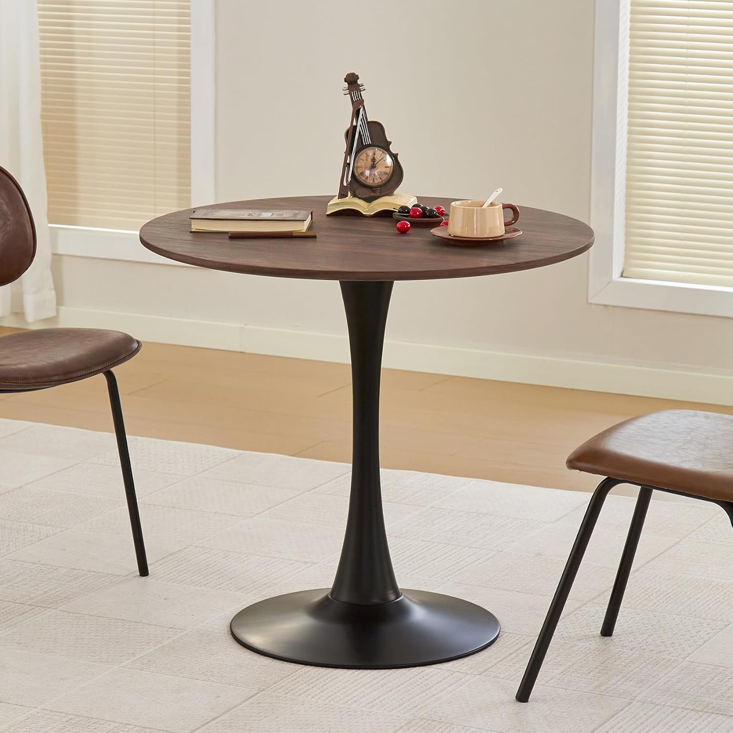 Round Dining Table 31.5" Circle Tulip Table with Thick Tabletop & Metal Pedestal, Mid-Century Modern Bistro Table for Kitchen, Living Room or Cafe, Faux Walnut