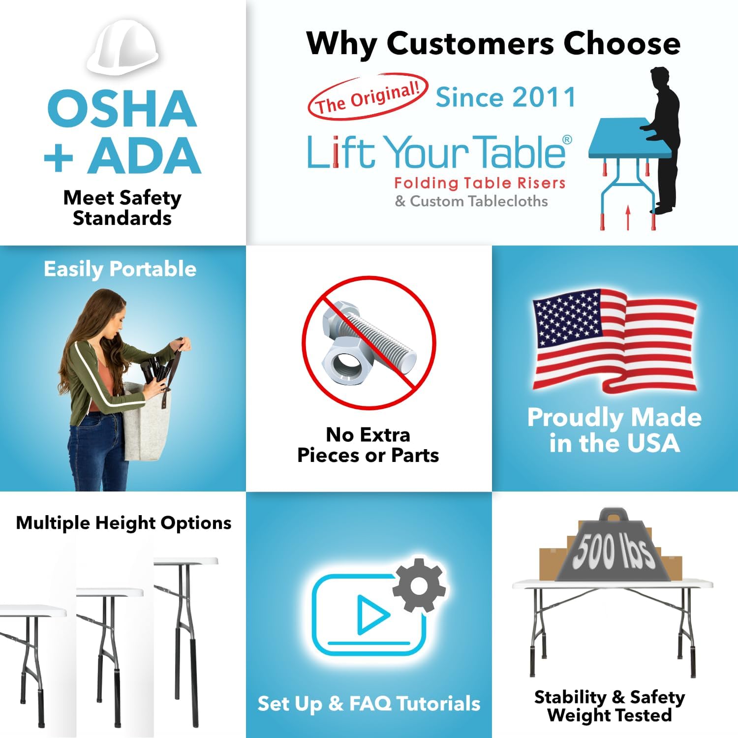 Lift Your Table® Folding Table Risers - Standing Desk Kit: XL Height - Made in the USA, Heavy Duty, Sturdy, Portable, Easy-to-Use Extensions Raise Bent Leg Folding Tables (Set of 4)