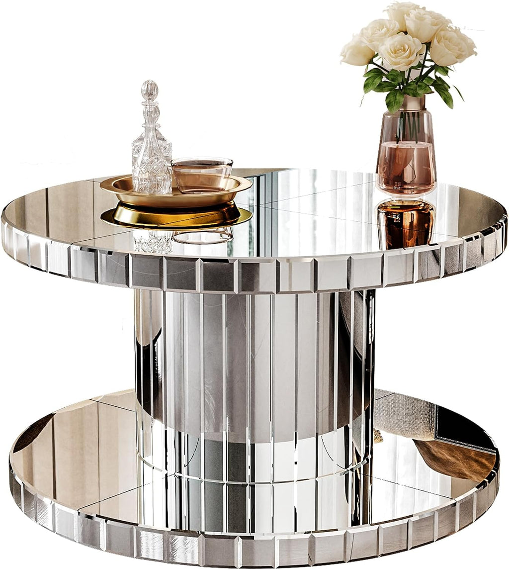 Double Tier Luxury Round Mirror Coffee End Table with Glass 31.5" Diameter Sofa Side Table for Living Room, Light Luxury Design, Sturdy Frame