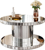 Double Tier Luxury Round Mirror Coffee End Table with Glass 31.5" Diameter Sofa Side Table for Living Room, Light Luxury Design, Sturdy Frame