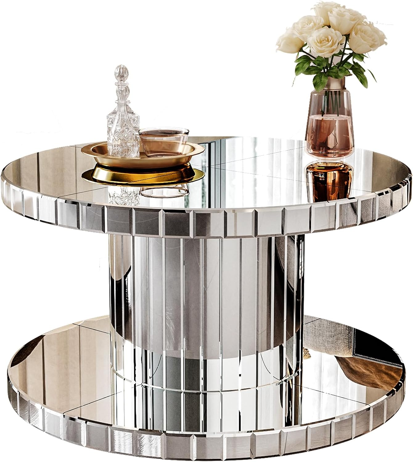 Double Tier Luxury Round Mirror Coffee End Table with Glass 31.5" Diameter Sofa Side Table for Living Room, Light Luxury Design, Sturdy Frame