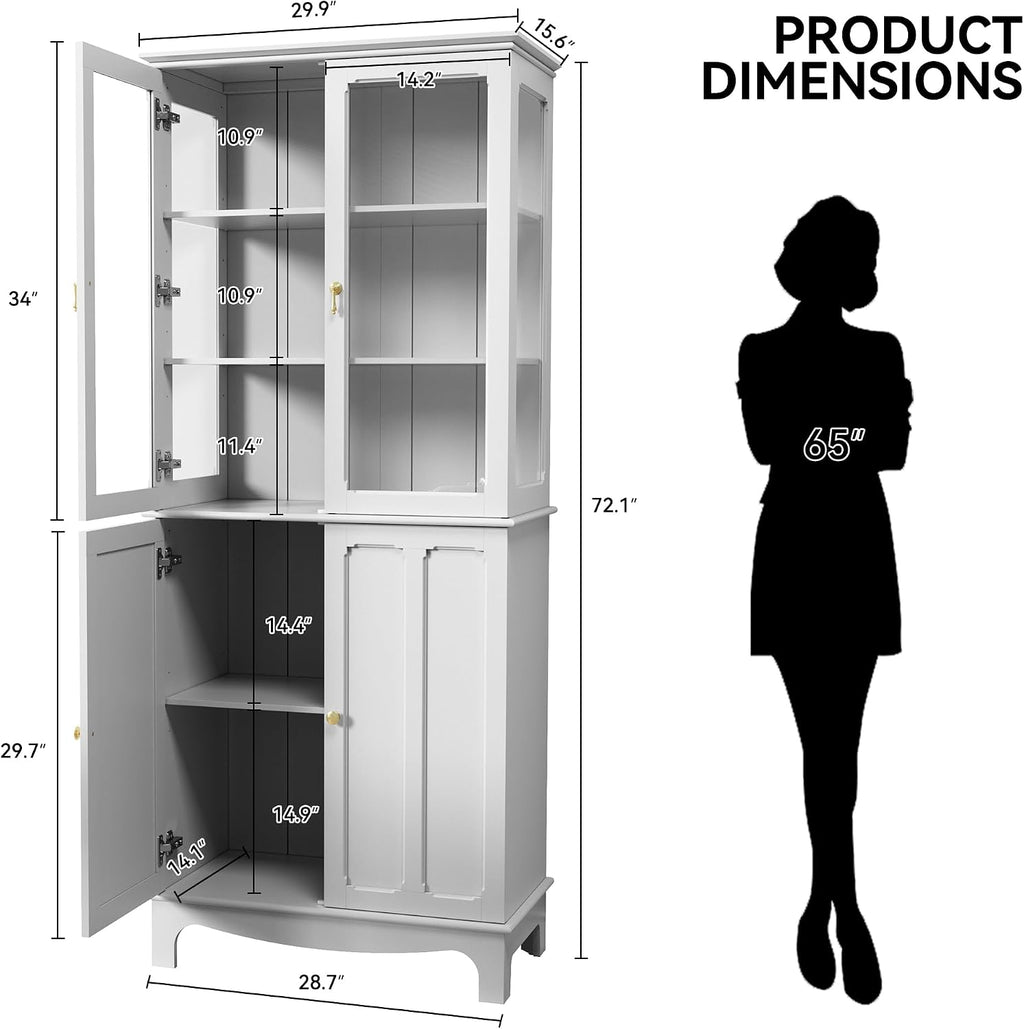 ARTPOWER 72" Freestanding Kitchen Pantry Storage Sideboard, Classical Tall Cabinet with Glass Door and Adjustable Shelves for Kitchen, Livingroom and Dining Room, White